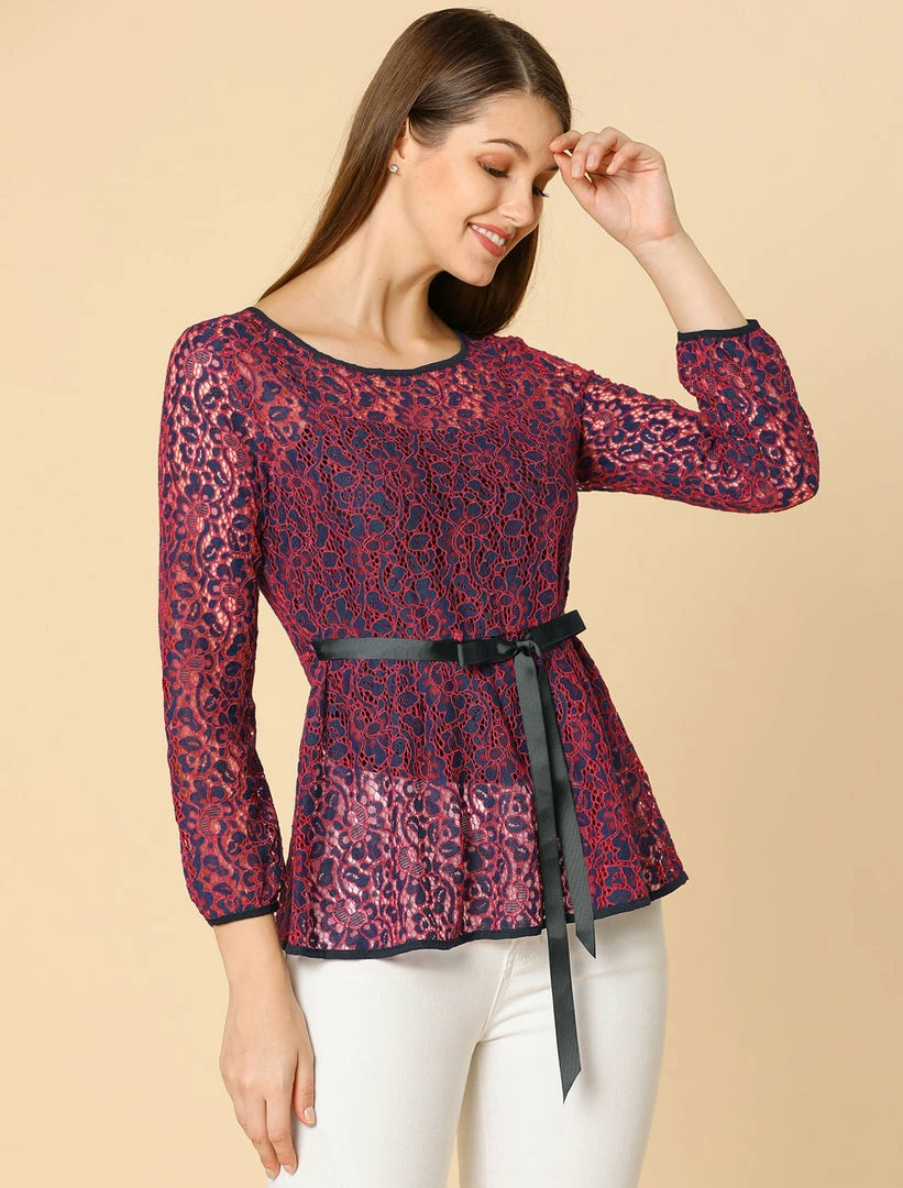 Allegra K Self-Tie Waist Bi-Color Contrast Lace Peplum Top 29 Allegra K Self-Tie Waist Bi-Color Contrast Lace Peplum Top