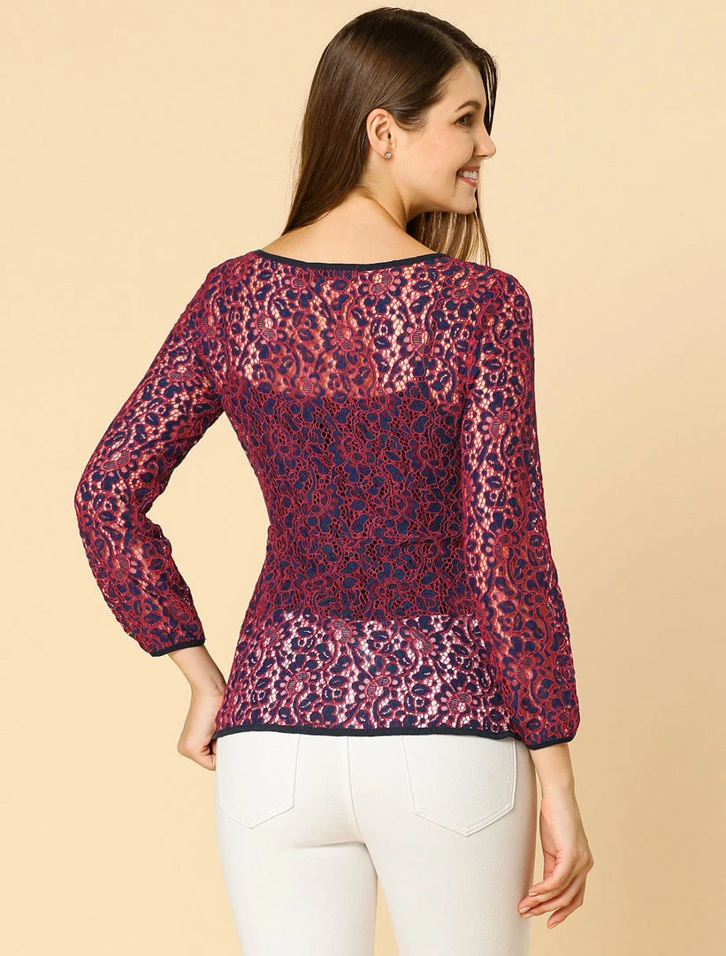 Allegra K Self-Tie Waist Bi-Color Contrast Lace Peplum Top 31 Allegra K Self-Tie Waist Bi-Color Contrast Lace Peplum Top