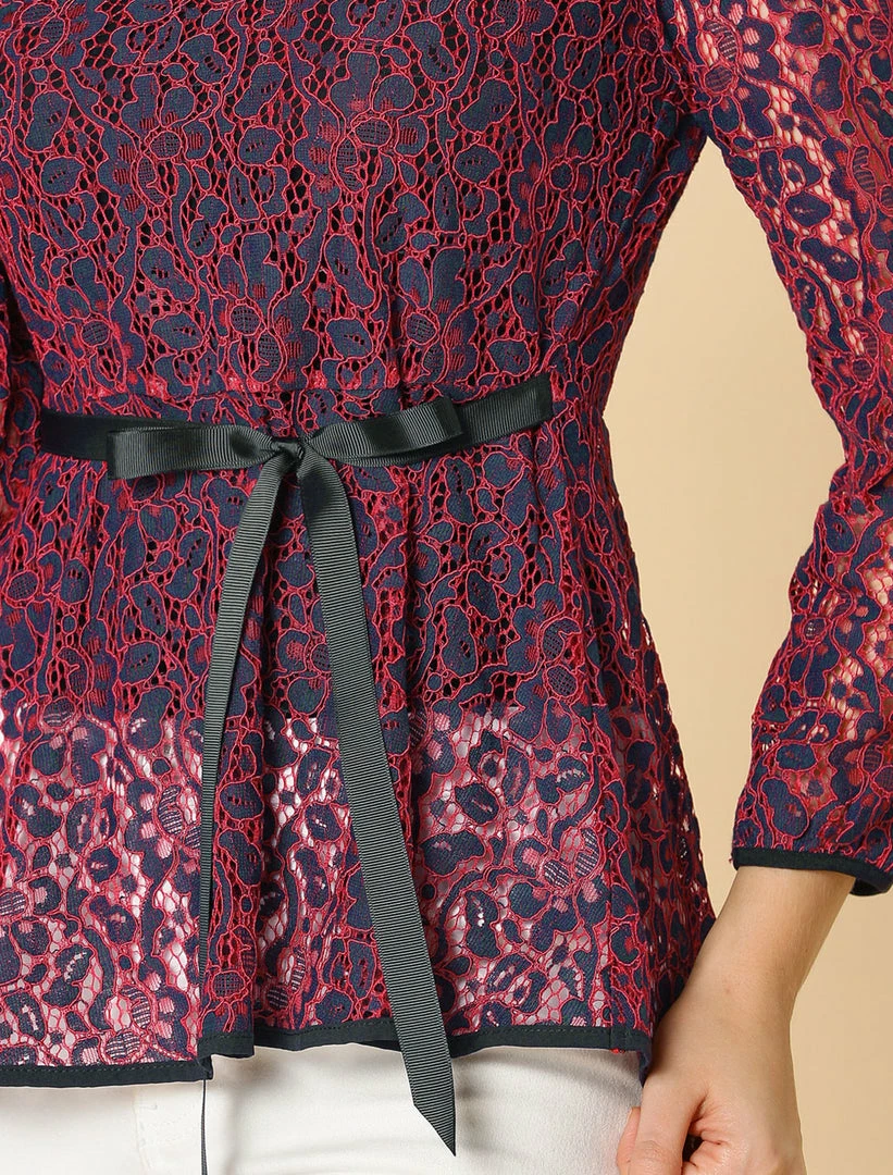 Allegra K Self-Tie Waist Bi-Color Contrast Lace Peplum Top 32 Allegra K Self-Tie Waist Bi-Color Contrast Lace Peplum Top