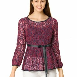 Allegra K Self-Tie Waist Bi-Color Contrast Lace Peplum Top 99 Allegra K Self-Tie Waist Bi-Color Contrast Lace Peplum Top