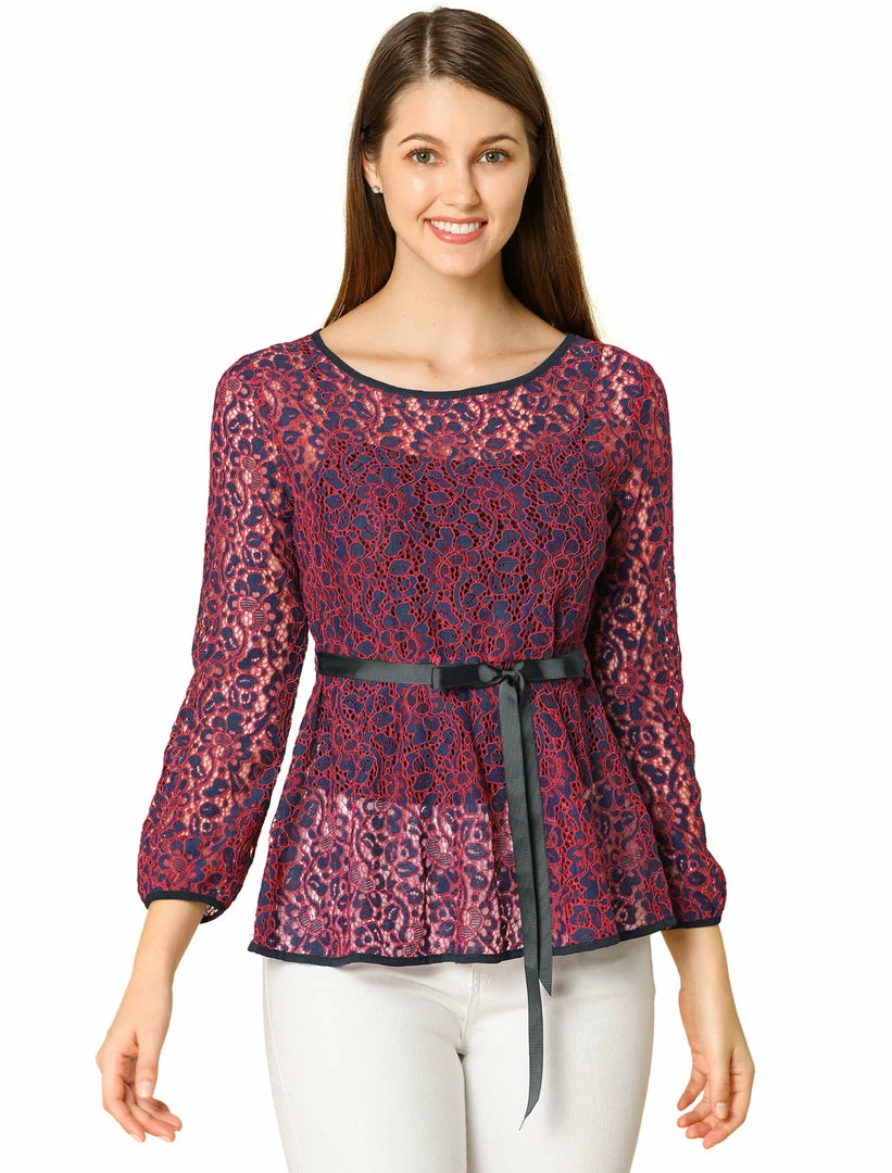 Allegra K Self-Tie Waist Bi-Color Contrast Lace Peplum Top 27 Allegra K Self-Tie Waist Bi-Color Contrast Lace Peplum Top