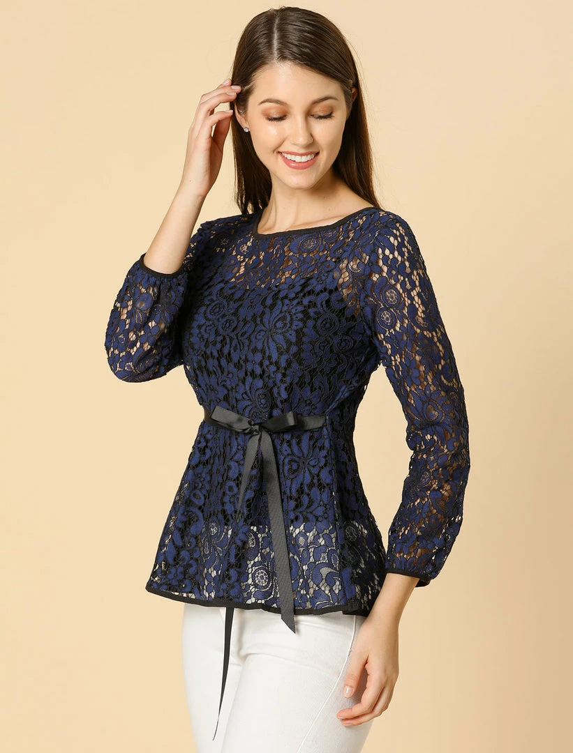 Allegra K Self-Tie Waist Bi-Color Contrast Lace Peplum Top 23 Allegra K Self-Tie Waist Bi-Color Contrast Lace Peplum Top