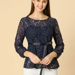 Allegra K Self-Tie Waist Bi-Color Contrast Lace Peplum Top 96 Allegra K Self-Tie Waist Bi-Color Contrast Lace Peplum Top