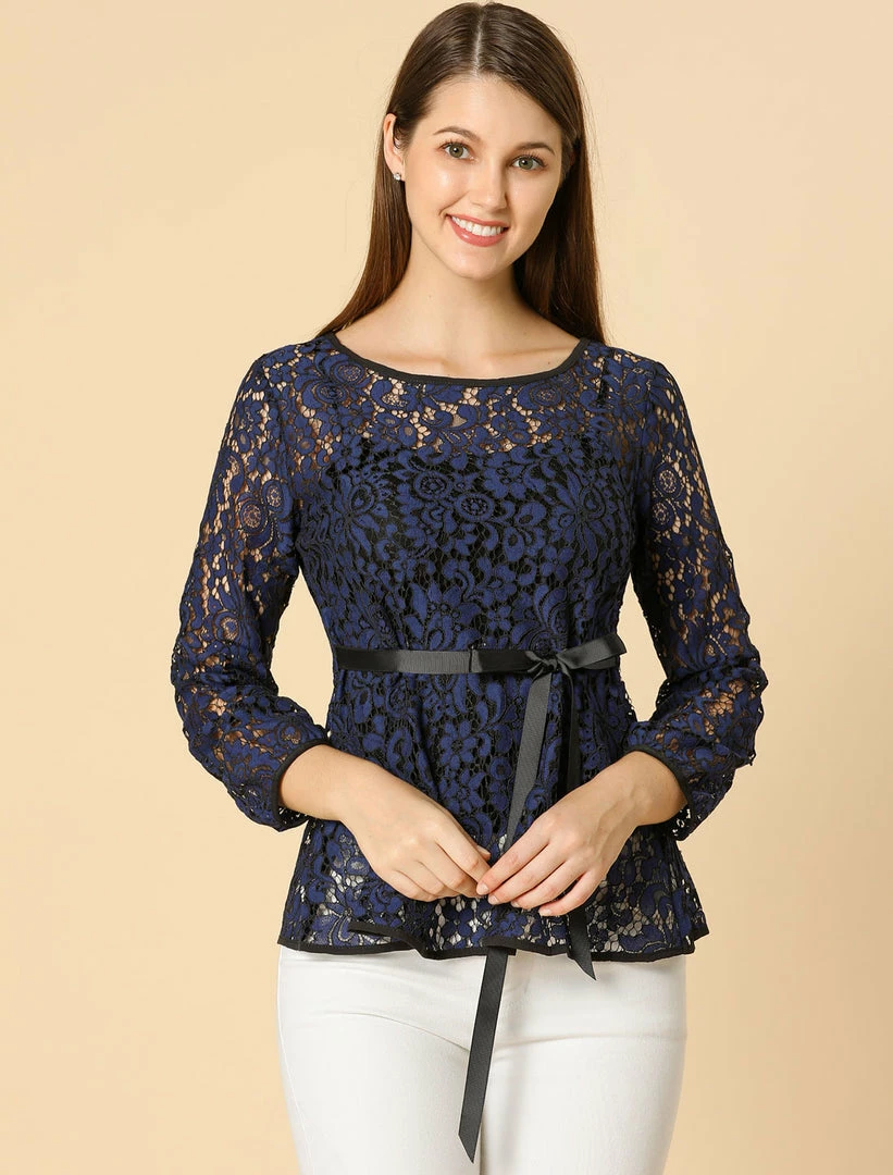 Allegra K Self-Tie Waist Bi-Color Contrast Lace Peplum Top 24 Allegra K Self-Tie Waist Bi-Color Contrast Lace Peplum Top