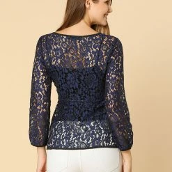 Allegra K Self-Tie Waist Bi-Color Contrast Lace Peplum Top 97 Allegra K Self-Tie Waist Bi-Color Contrast Lace Peplum Top