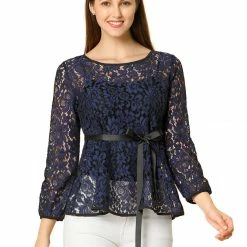 Allegra K Self-Tie Waist Bi-Color Contrast Lace Peplum Top 93 Allegra K Self-Tie Waist Bi-Color Contrast Lace Peplum Top