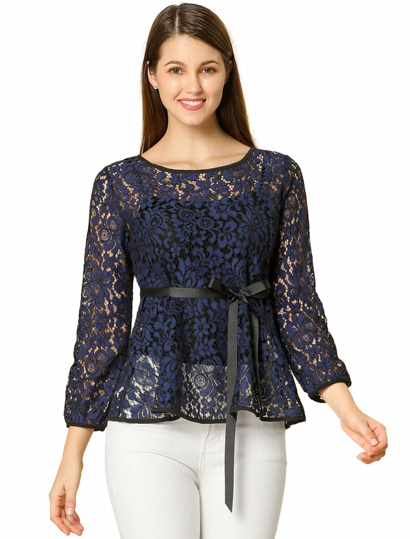 Allegra K Self-Tie Waist Bi-Color Contrast Lace Peplum Top 21 Allegra K Self-Tie Waist Bi-Color Contrast Lace Peplum Top