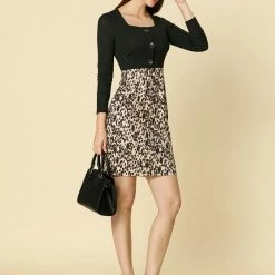 Women Allegra K Leopard Print Square Neck Long Sleeves Button Bodycon Dress 11 Women Allegra K Leopard Print Square Neck Long Sleeves Button Bodycon Dress