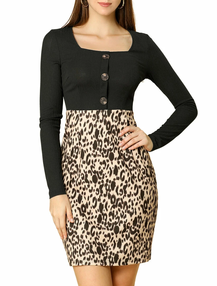 Women Allegra K Leopard Print Square Neck Long Sleeves Button Bodycon Dress 4 Women Allegra K Leopard Print Square Neck Long Sleeves Button Bodycon Dress