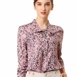Women Allegra K Elegant Casual Floral Bow Tie Neck Button Up Blouse Shirt 34 Women Allegra K Elegant Casual Floral Bow Tie Neck Button Up Blouse Shirt