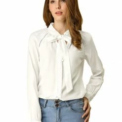 Allegra K Women‘s Bow Tie Neck Long Sleeve Casual Button Decor Shirt 50 Allegra K Women‘s Bow Tie Neck Long Sleeve Casual Button Decor Shirt