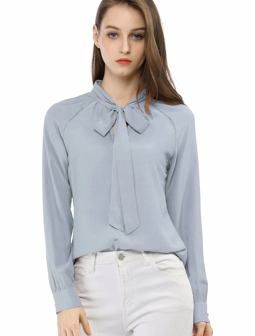 Allegra K Women‘s Bow Tie Neck Long Sleeve Casual Button Decor Shirt 16 Allegra K Women‘s Bow Tie Neck Long Sleeve Casual Button Decor Shirt