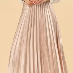 Allegra K Skirts Women's Elastic Waist Party Metallic Shiny Accordion Pleated Midi Skirt