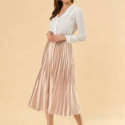 Allegra K Skirts Women's Elastic Waist Party Metallic Shiny Accordion Pleated Midi Skirt