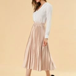 Allegra K Skirts Women's Elastic Waist Party Metallic Shiny Accordion Pleated Midi Skirt