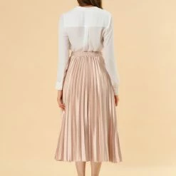 Allegra K Skirts Women's Elastic Waist Party Metallic Shiny Accordion Pleated Midi Skirt