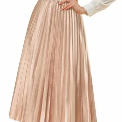 Allegra K Skirts Women's Elastic Waist Party Metallic Shiny Accordion Pleated Midi Skirt