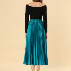 Allegra K Skirts Women's Elastic Waist Party Metallic Shiny Accordion Pleated Midi Skirt