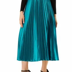 Allegra K Skirts Women's Elastic Waist Party Metallic Shiny Accordion Pleated Midi Skirt