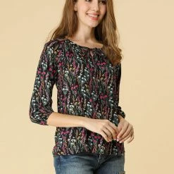 Women Allegra K Floral Print 3/4 Raglan Sleeve Drawstring Round Neck Blouse