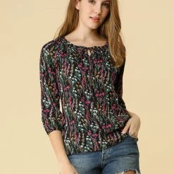 Women Allegra K Floral Print 3/4 Raglan Sleeve Drawstring Round Neck Blouse