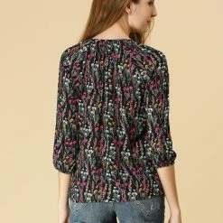 Women Allegra K Floral Print 3/4 Raglan Sleeve Drawstring Round Neck Blouse