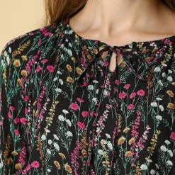 Women Allegra K Floral Print 3/4 Raglan Sleeve Drawstring Round Neck Blouse