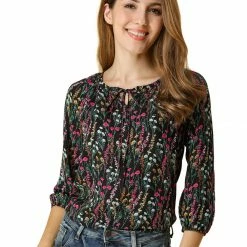 Women Allegra K Floral Print 3/4 Raglan Sleeve Drawstring Round Neck Blouse