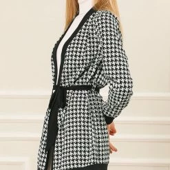 Allegra K Cardigan With Tie Belt In Houndstooth Pattern Women