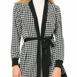 Allegra K Cardigan With Tie Belt In Houndstooth Pattern Women