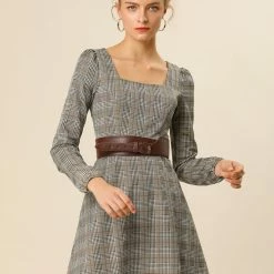 Women Allegra K Houndstooth Plaid Square Neck Long Sleeve Dress 53 Women Allegra K Houndstooth Plaid Square Neck Long Sleeve Dress