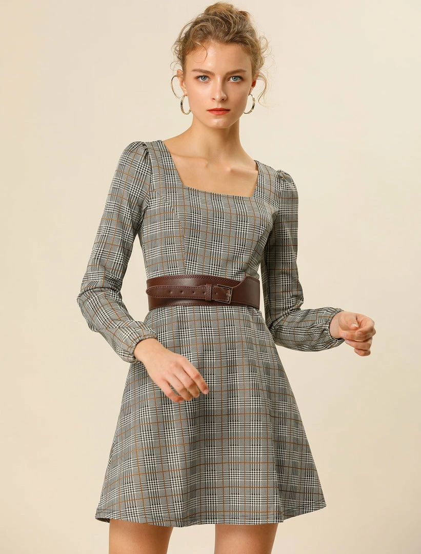 Women Allegra K Houndstooth Plaid Square Neck Long Sleeve Dress 17 Women Allegra K Houndstooth Plaid Square Neck Long Sleeve Dress