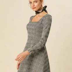 Women Allegra K Houndstooth Plaid Square Neck Long Sleeve Dress 54 Women Allegra K Houndstooth Plaid Square Neck Long Sleeve Dress