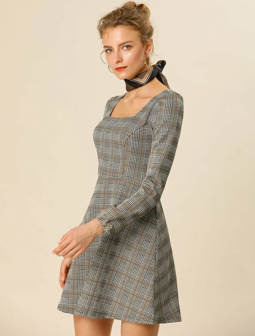 Women Allegra K Houndstooth Plaid Square Neck Long Sleeve Dress 18 Women Allegra K Houndstooth Plaid Square Neck Long Sleeve Dress