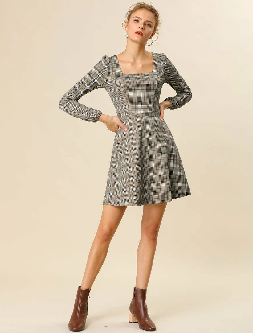Women Allegra K Houndstooth Plaid Square Neck Long Sleeve Dress 19 Women Allegra K Houndstooth Plaid Square Neck Long Sleeve Dress