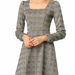 Women Allegra K Houndstooth Plaid Square Neck Long Sleeve Dress 52 Women Allegra K Houndstooth Plaid Square Neck Long Sleeve Dress