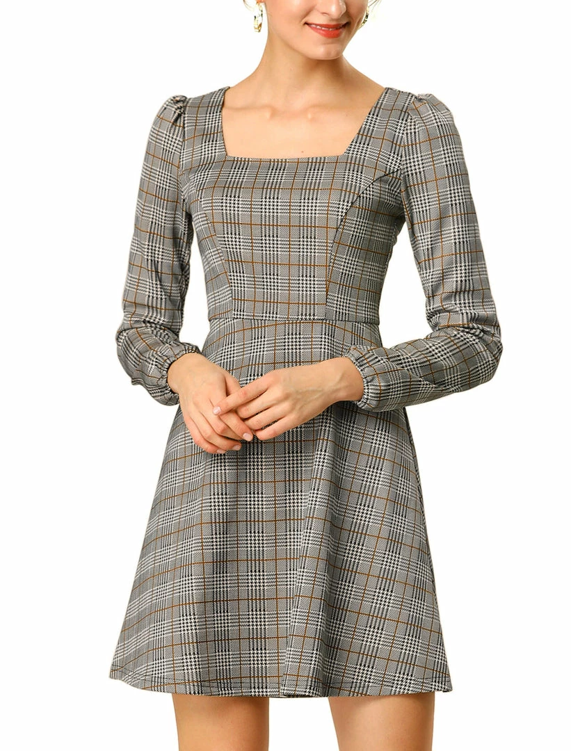 Women Allegra K Houndstooth Plaid Square Neck Long Sleeve Dress 16 Women Allegra K Houndstooth Plaid Square Neck Long Sleeve Dress