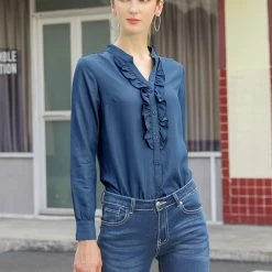 Women Allegra K Ruffle Front V Neck Button Up Long Sleeves Casual Chambray Tops Shirt 35 Women Allegra K Ruffle Front V Neck Button Up Long Sleeves Casual Chambray Tops Shirt