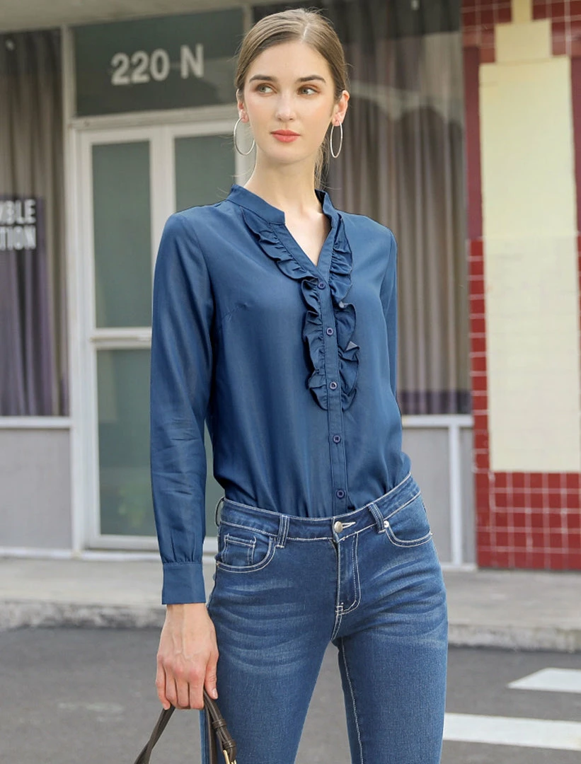 Women Allegra K Ruffle Front V Neck Button Up Long Sleeves Casual Chambray Tops Shirt 17 Women Allegra K Ruffle Front V Neck Button Up Long Sleeves Casual Chambray Tops Shirt