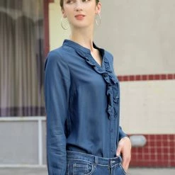 Women Allegra K Ruffle Front V Neck Button Up Long Sleeves Casual Chambray Tops Shirt 36 Women Allegra K Ruffle Front V Neck Button Up Long Sleeves Casual Chambray Tops Shirt