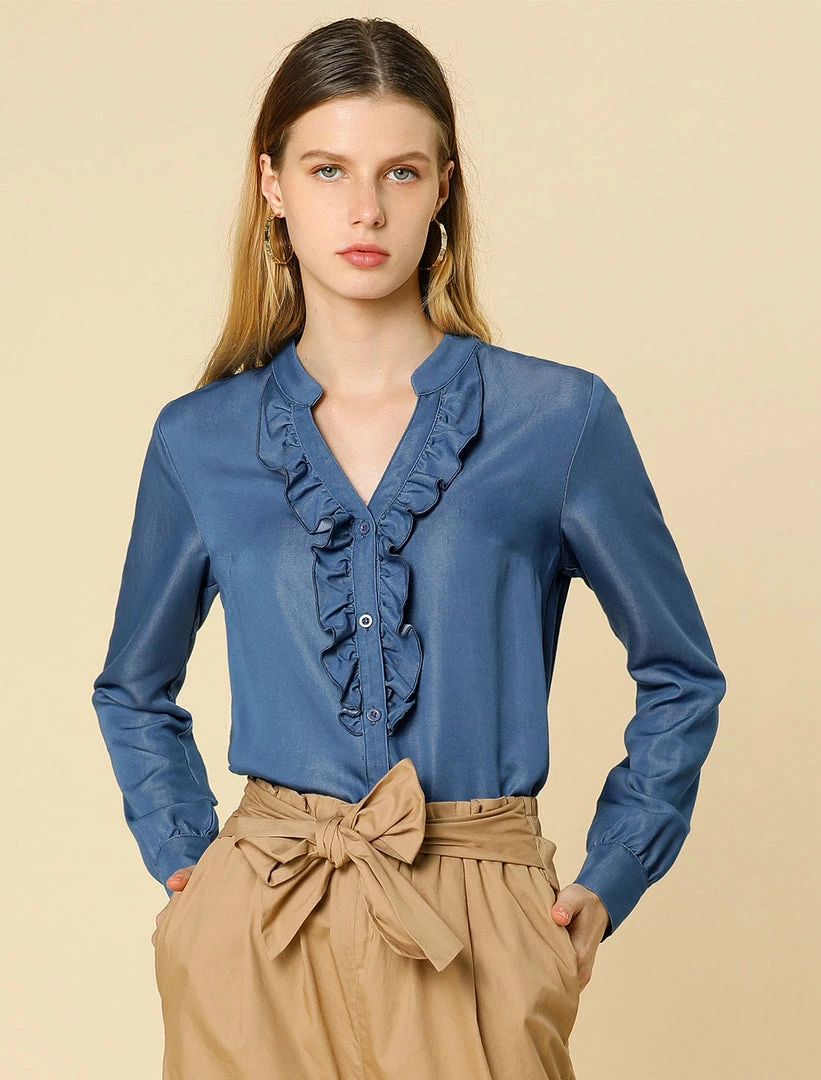 Women Allegra K Ruffle Front V Neck Button Up Long Sleeves Casual Chambray Tops Shirt 20 Women Allegra K Ruffle Front V Neck Button Up Long Sleeves Casual Chambray Tops Shirt