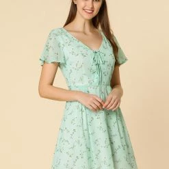 Allegra K Floral Lace-up V-neck Flouncing Sleeve Chiffon Dress Clothing 104 Allegra K Floral Lace-up V-neck Flouncing Sleeve Chiffon Dress Clothing