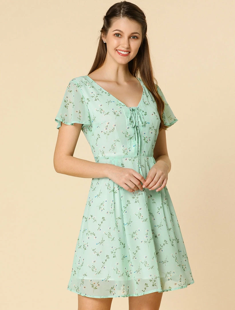 Allegra K Floral Lace-up V-neck Flouncing Sleeve Chiffon Dress Clothing 28 Allegra K Floral Lace-up V-neck Flouncing Sleeve Chiffon Dress Clothing