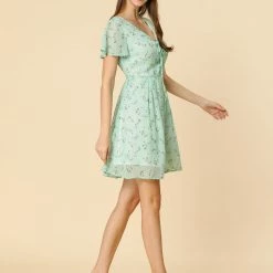 Allegra K Floral Lace-up V-neck Flouncing Sleeve Chiffon Dress Clothing 106 Allegra K Floral Lace-up V-neck Flouncing Sleeve Chiffon Dress Clothing