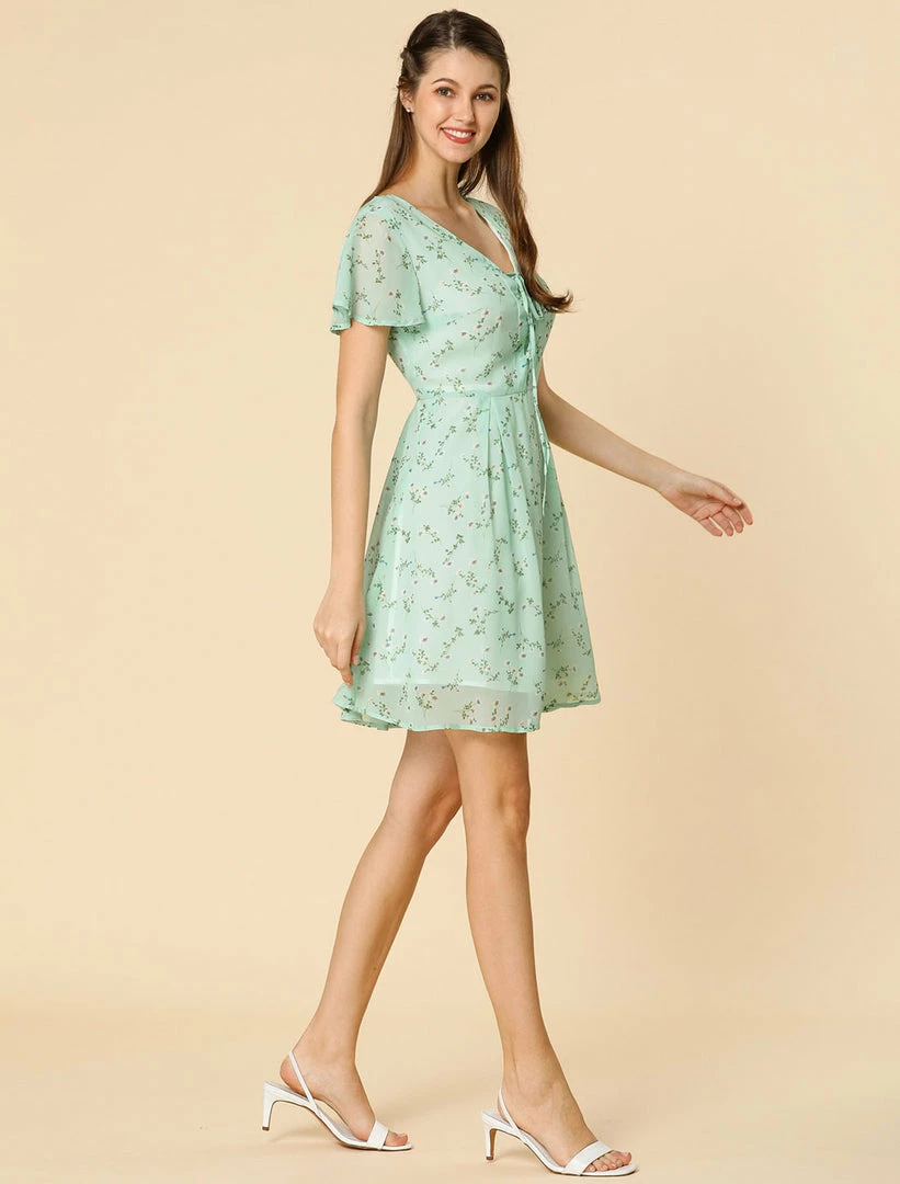 Allegra K Floral Lace-up V-neck Flouncing Sleeve Chiffon Dress Clothing 30 Allegra K Floral Lace-up V-neck Flouncing Sleeve Chiffon Dress Clothing