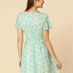 Allegra K Floral Lace-up V-neck Flouncing Sleeve Chiffon Dress Clothing 107 Allegra K Floral Lace-up V-neck Flouncing Sleeve Chiffon Dress Clothing