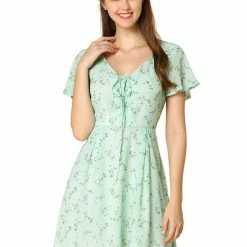 Allegra K Floral Lace-up V-neck Flouncing Sleeve Chiffon Dress Clothing 103 Allegra K Floral Lace-up V-neck Flouncing Sleeve Chiffon Dress Clothing