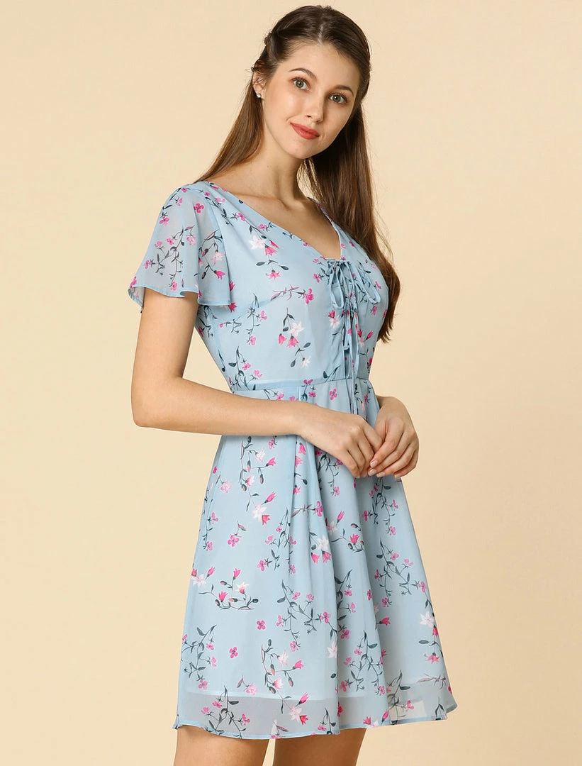 Allegra K Floral Lace-up V-neck Flouncing Sleeve Chiffon Dress Clothing 22 Allegra K Floral Lace-up V-neck Flouncing Sleeve Chiffon Dress Clothing