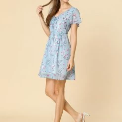Allegra K Floral Lace-up V-neck Flouncing Sleeve Chiffon Dress Clothing 100 Allegra K Floral Lace-up V-neck Flouncing Sleeve Chiffon Dress Clothing