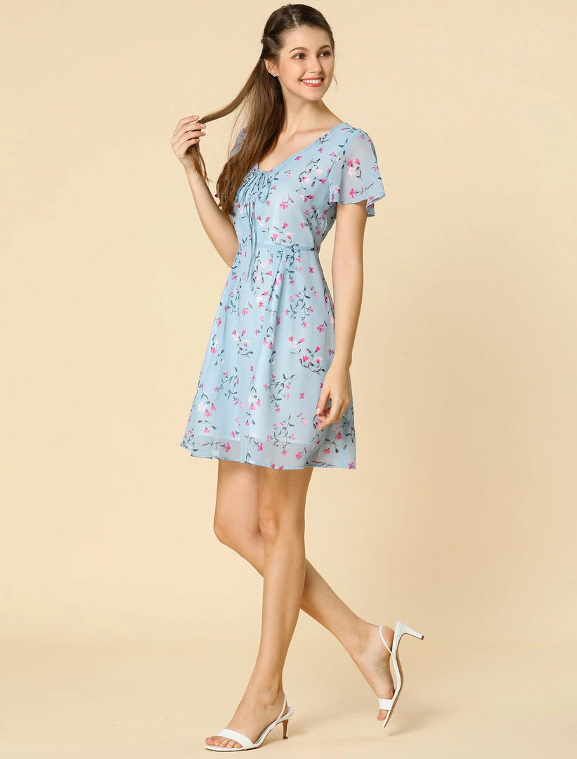 Allegra K Floral Lace-up V-neck Flouncing Sleeve Chiffon Dress Clothing 24 Allegra K Floral Lace-up V-neck Flouncing Sleeve Chiffon Dress Clothing